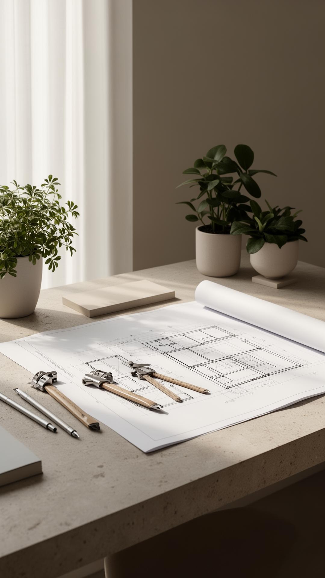 Architectural drafting workspace with plans, drafting tools and plants in warm daylight