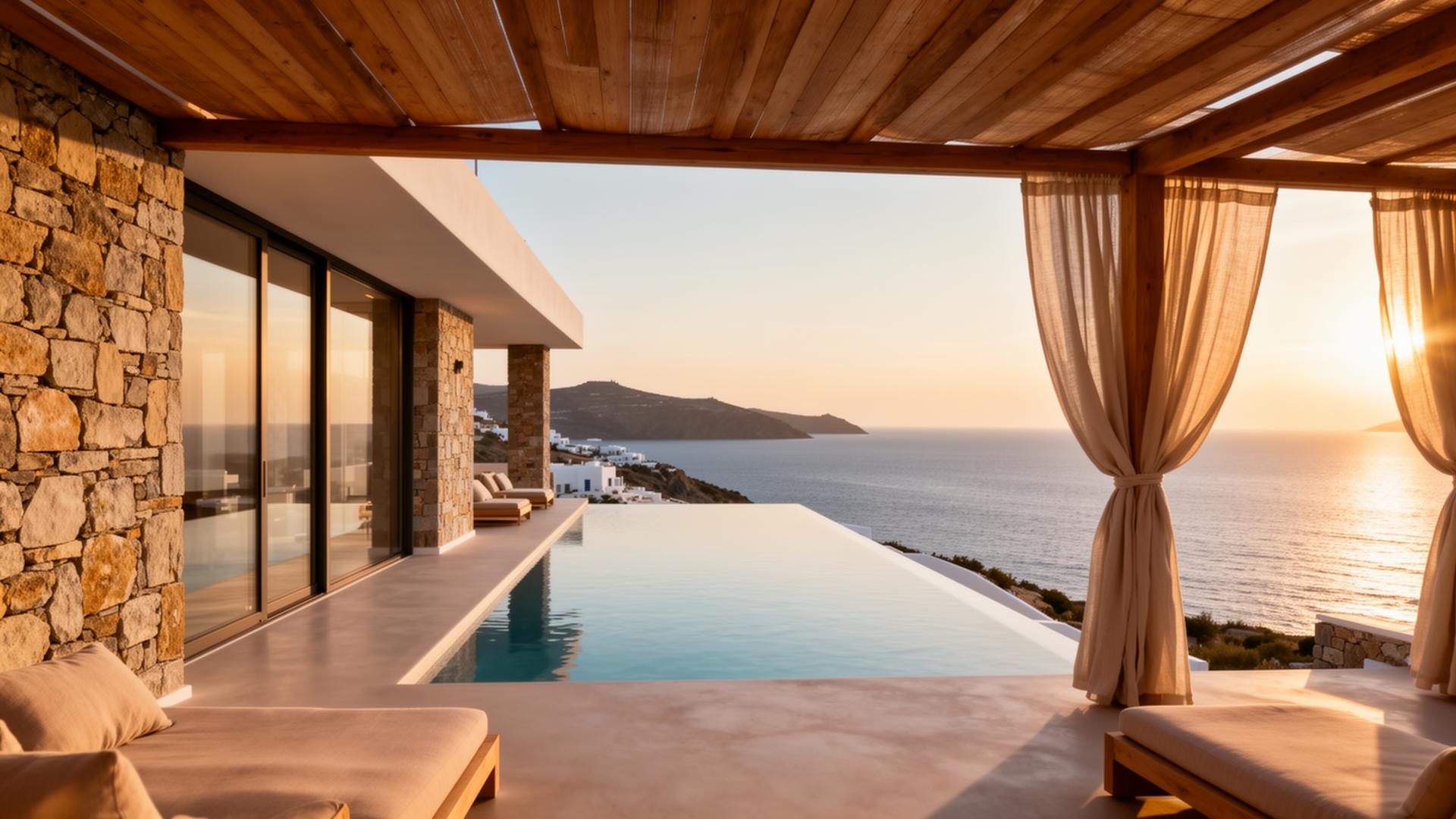 Modern Cycladic villa at golden hour with infinity pool and shaded terrace