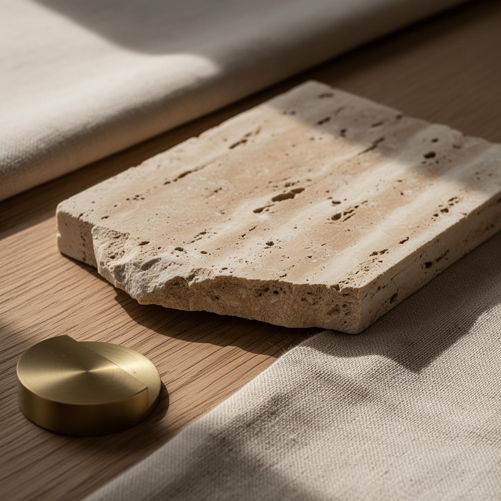 Material palette: travertine stone, oak, linen and brushed brass in soft daylight